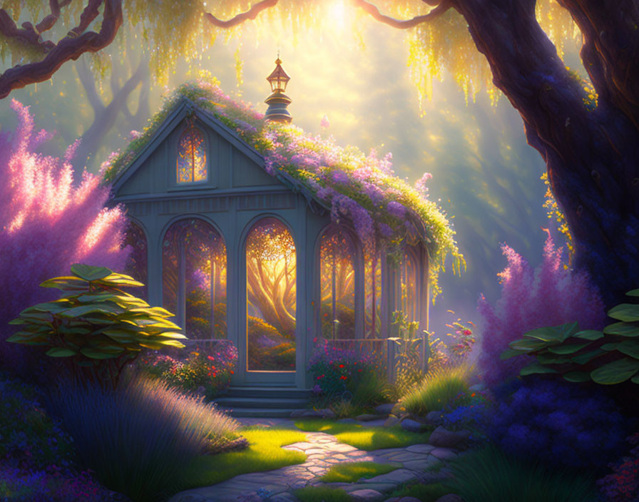 Enchanting Gazebo with Purple Flowers and Sunlit Canopy
