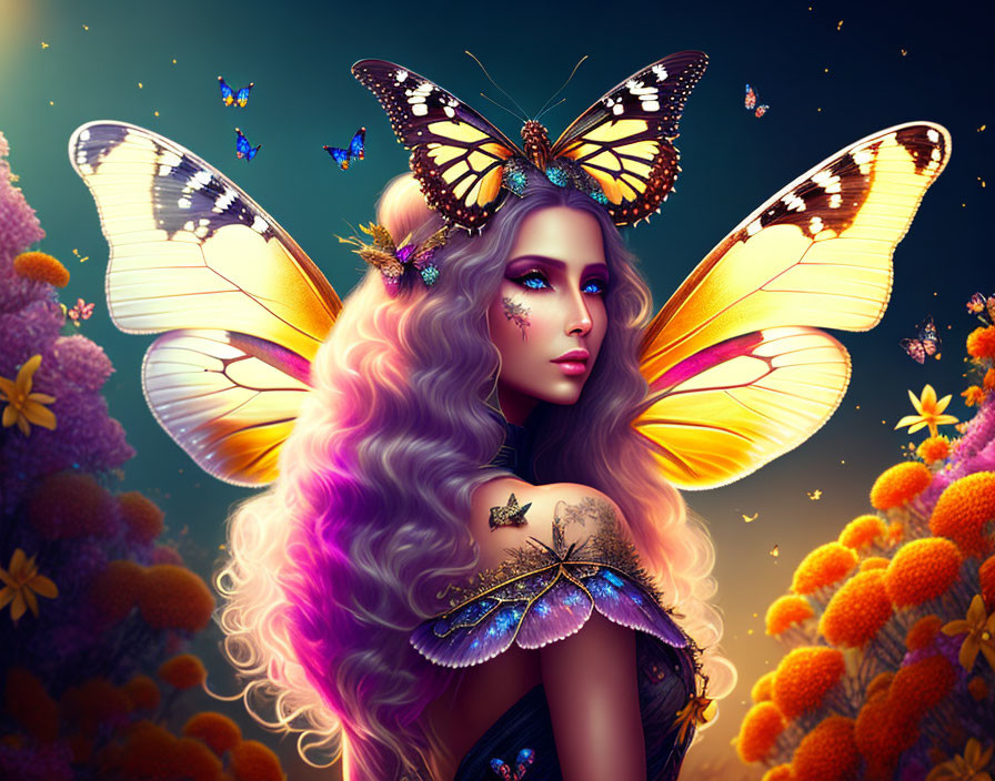 Fantastical portrait of a woman with butterfly wings and flowers.