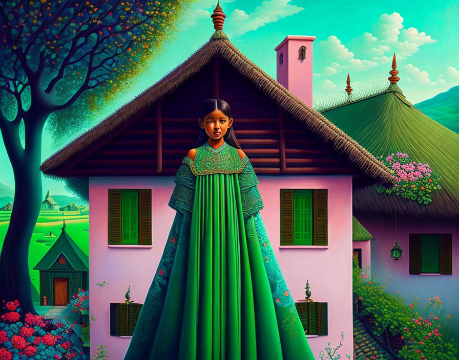Colorful illustration: Girl in traditional dress by quaint house