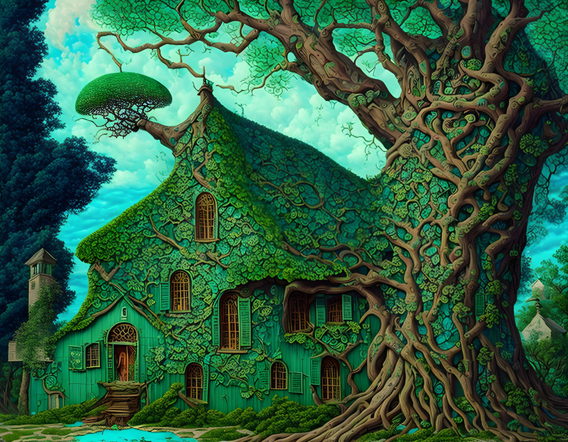 Illustration of large tree enveloping ivy-covered house