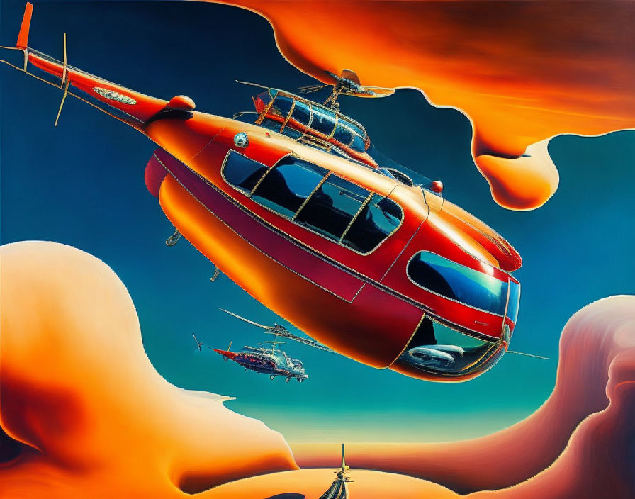 Vibrant surreal image: red helicopters in abstract sky