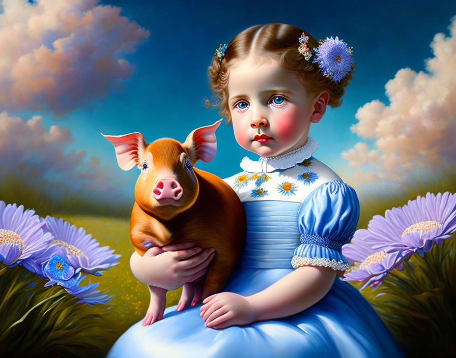Young girl in blue dress holding piglet with purple flowers under cloudy sky