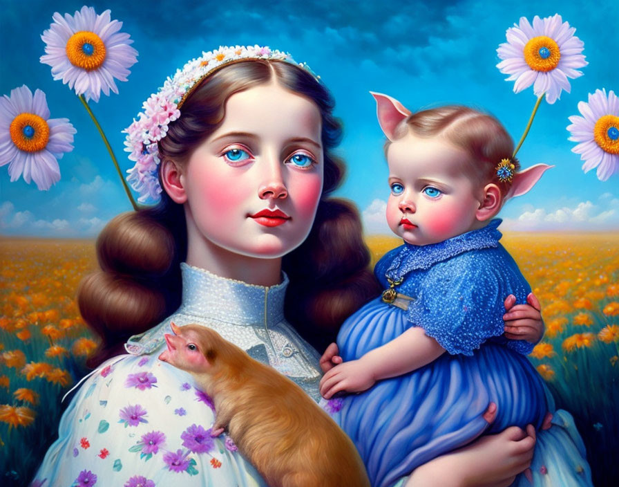 Surrealist portrait of girl with blue eyes, baby with pig ears, ferret, and giant