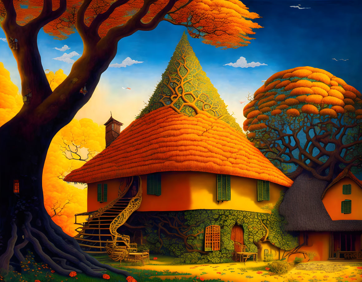 Colorful autumn landscape with thatched-roof cottage and vibrant trees