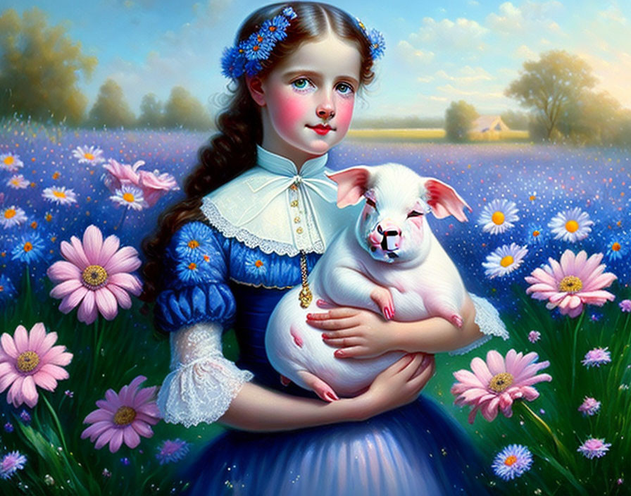 Young girl with blue flowers in hair holding piglet in purple flower field