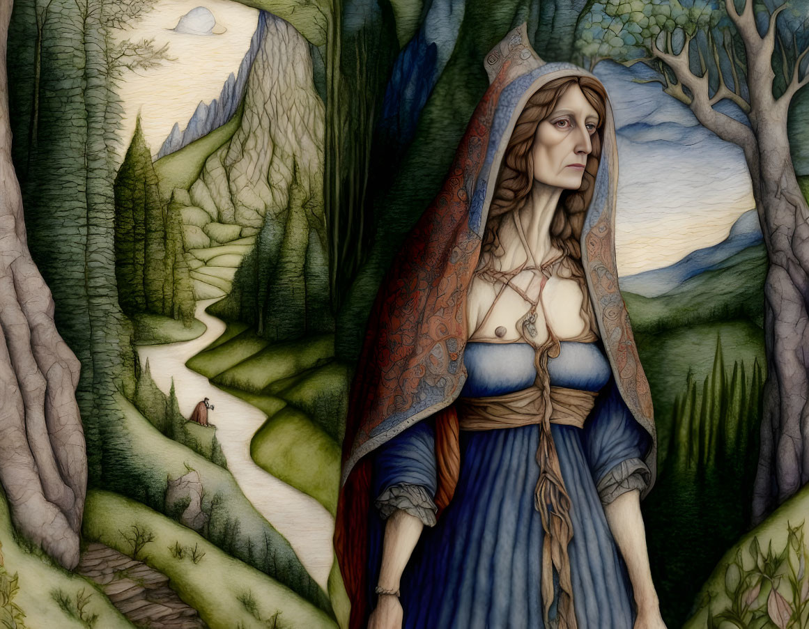 Medieval-style woman in blue dress and cloak against nature backdrop