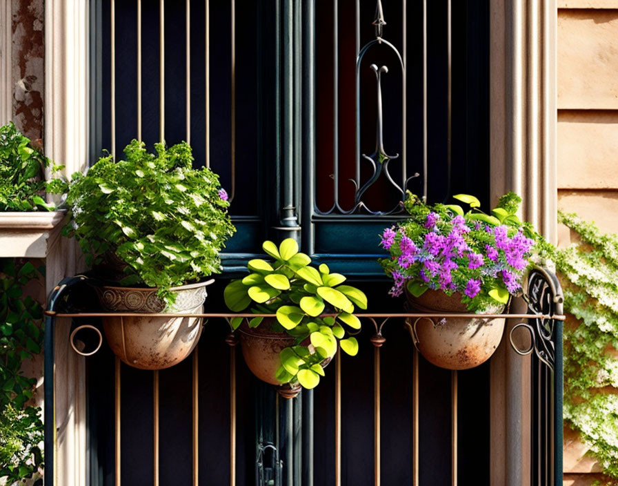 Green and Purple Potted Plants Hanging from Black Metal Balcony Railing