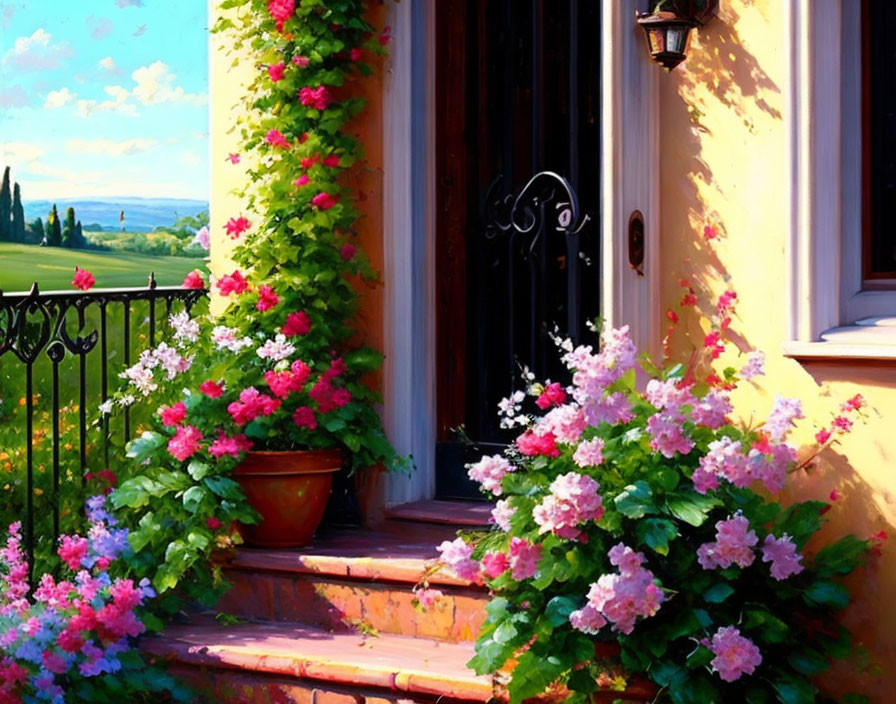 Colorful painting of sunlit doorstep with flowers in tranquil countryside