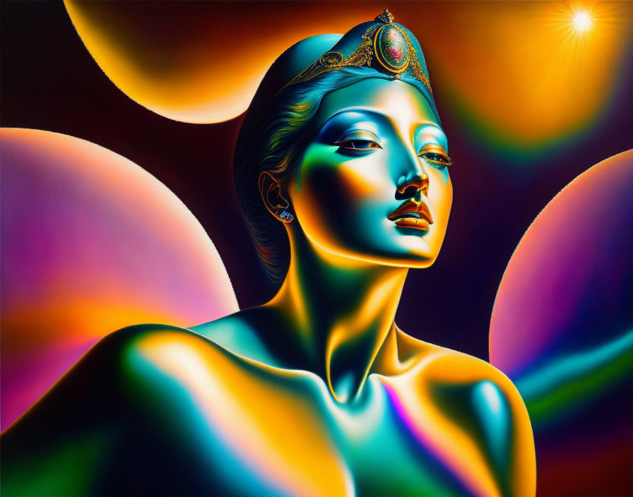 Colorful digital artwork: Woman with crown in neon colors and glowing orbs