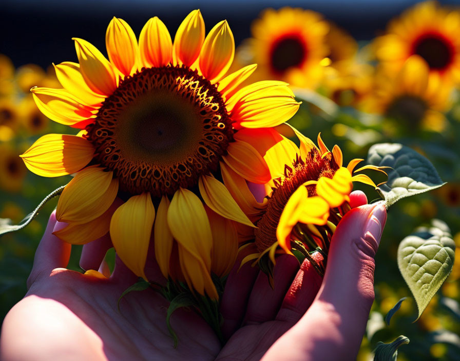 Person's hands holding bright sunflower in warm sunlight