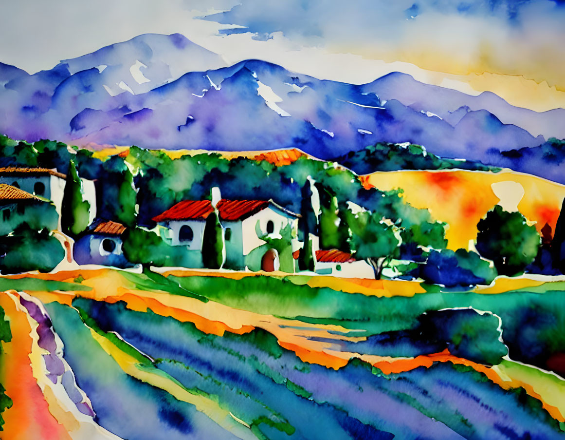 Colorful Watercolor Painting of Rural Landscape with Hills and Houses