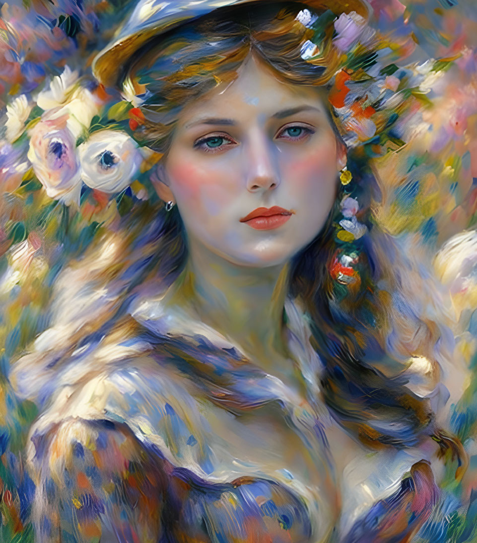 Serene woman portrait with hat and floral adornments on colorful background