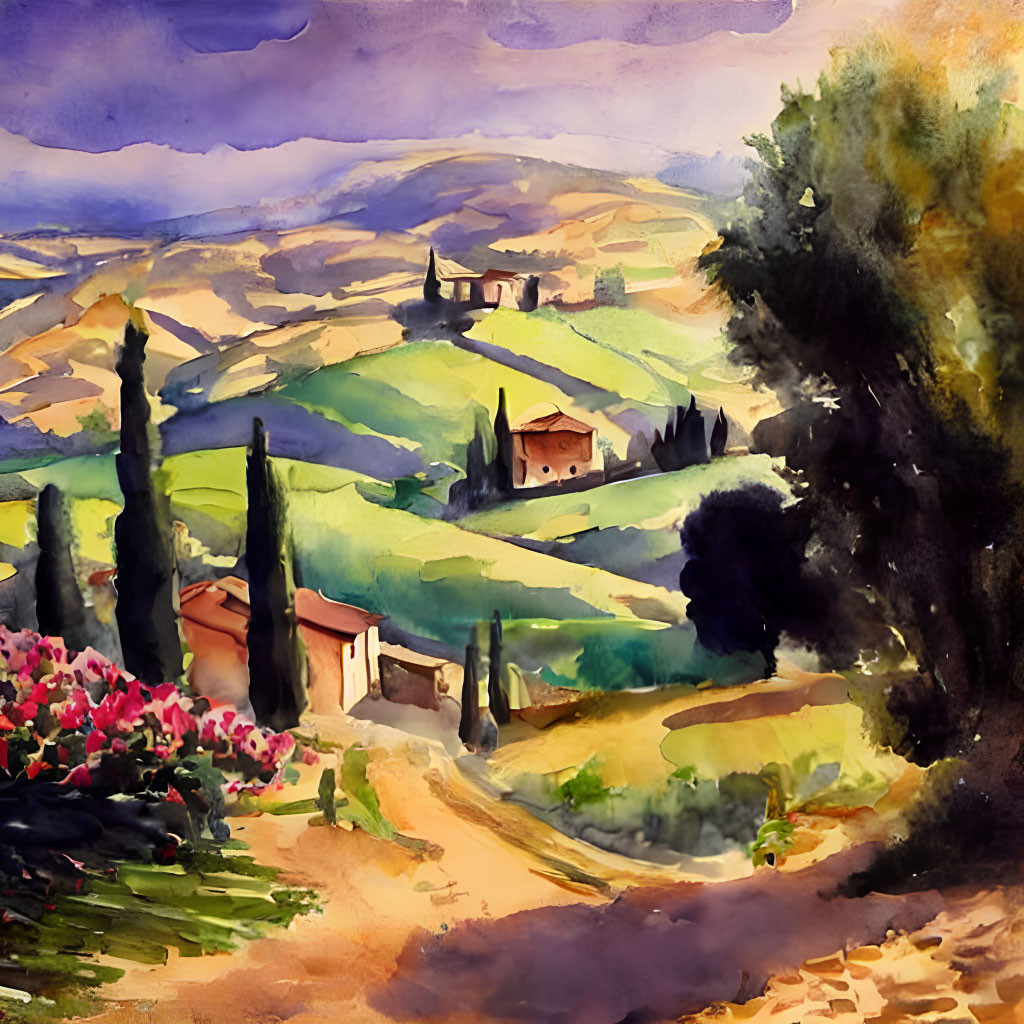 Impressionistic watercolor painting of Tuscan landscape