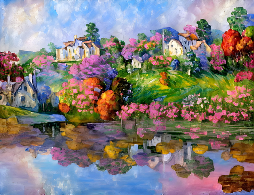 "Houses by the Lake" colourful version. Unreal/AI