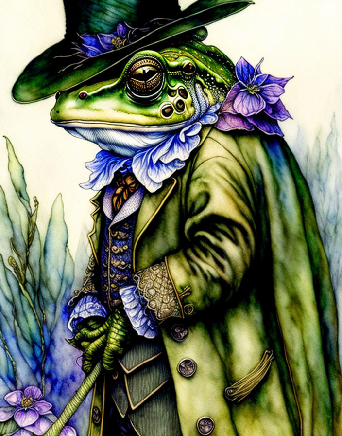 Elegant Victorian outfit on anthropomorphic frog with steampunk goggles