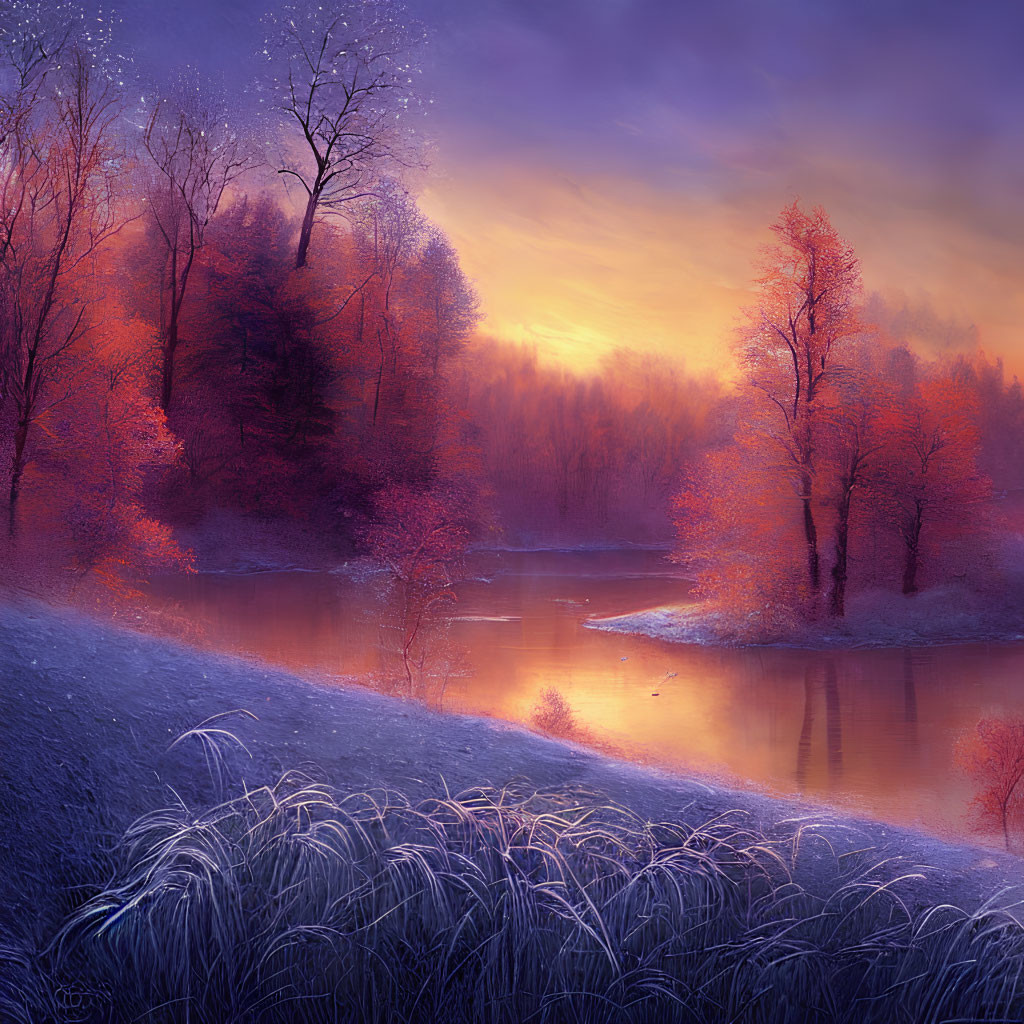 Tranquil twilight river scene with autumn trees and tall grass
