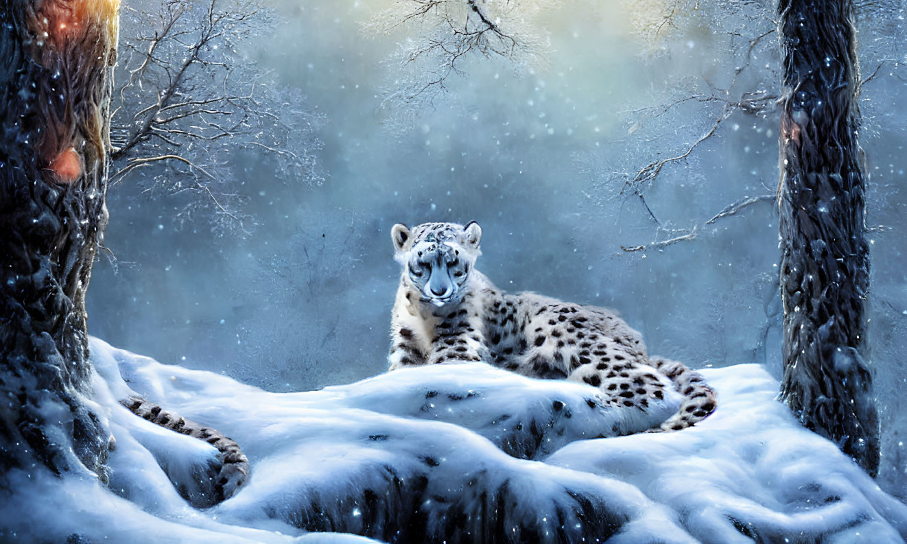Snow leopard resting in snowy forest with falling snow, serene wintry scene