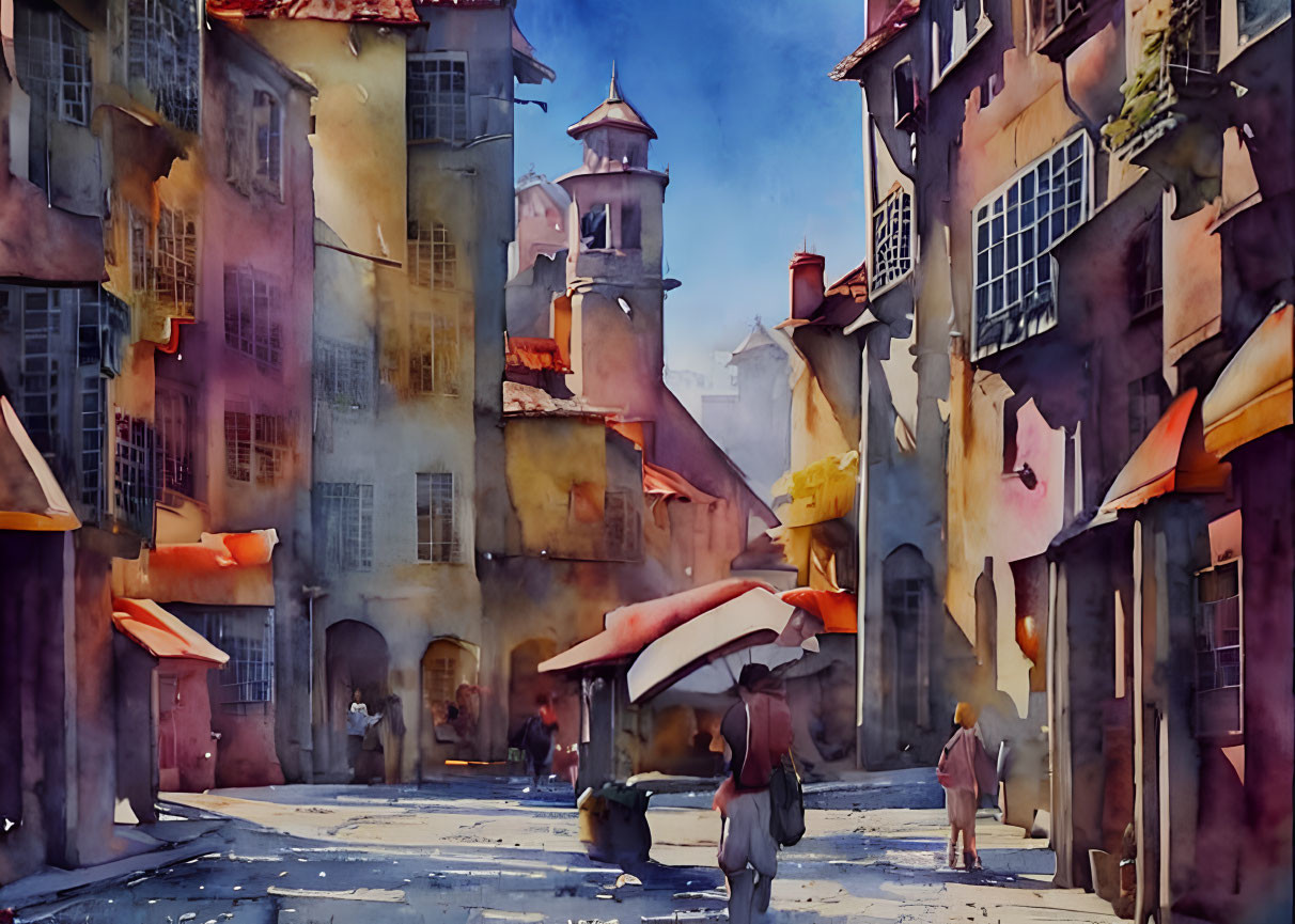 Colorful watercolor painting of European street scene