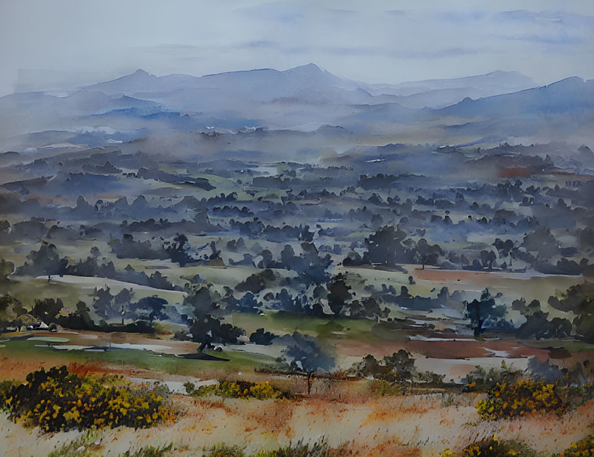 Layered Hills Watercolor Painting with Misty Sky and Wildflowers