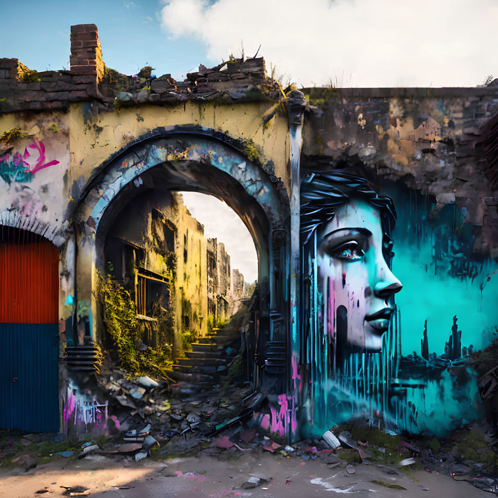 Colorful woman's face graffiti on abandoned building wall with archway and vegetation.