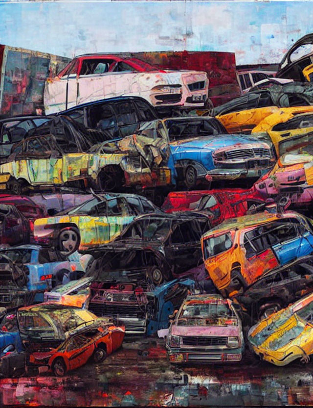 Colorful Crushed Car Collage in Chaotic Junkyard