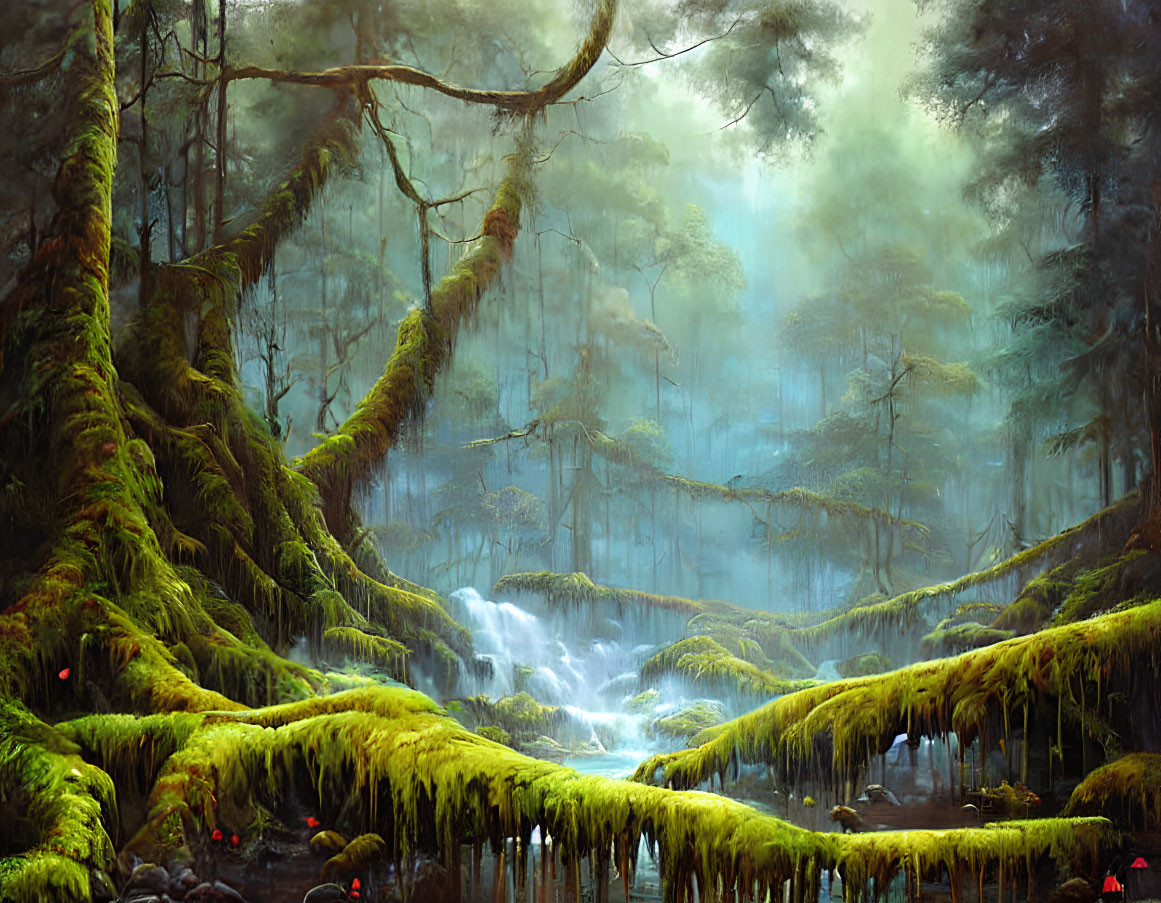 Lush forest scene with moss-covered trees and serene waterfall