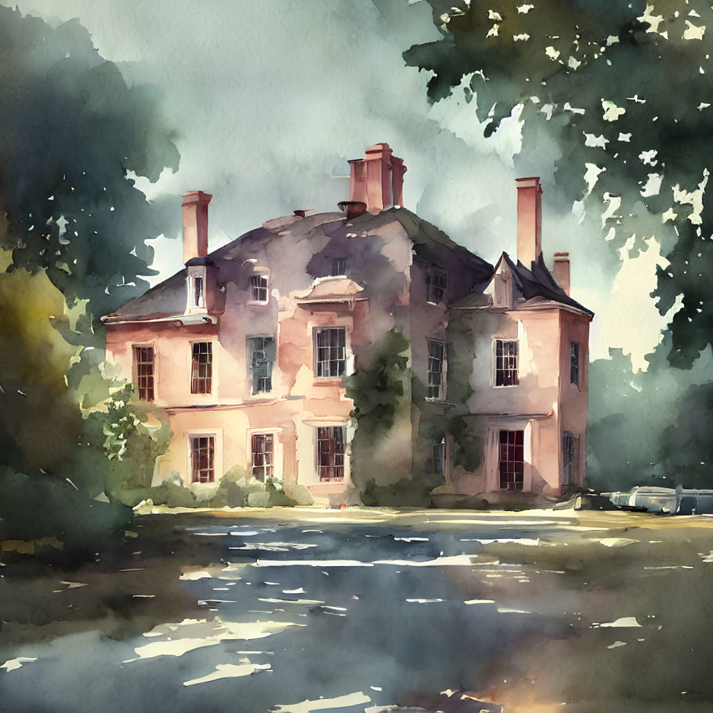 Watercolor painting: Classic two-story house with chimneys, trees, warm and cool tones