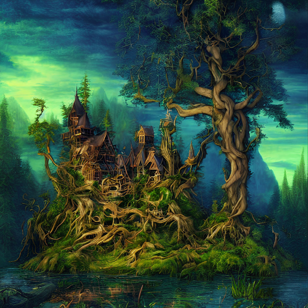 Fantastical treehouse in twisted tree under moonlit sky