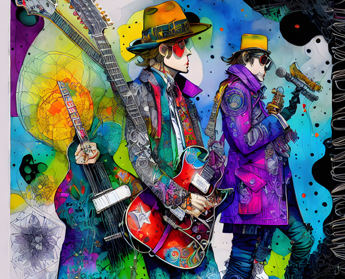Vibrant characters with guitars in hats and sunglasses on abstract background