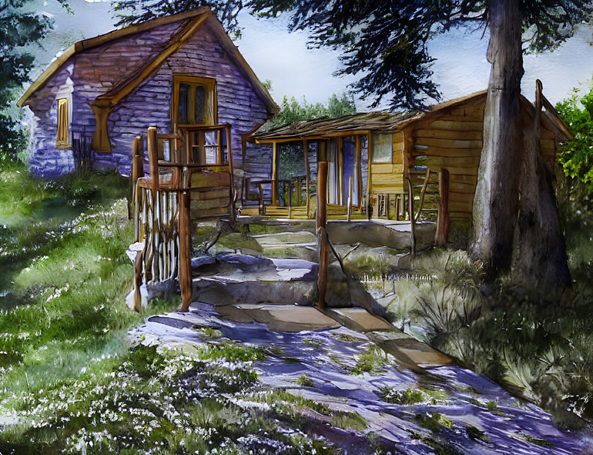 Serene watercolor painting of rustic cabin in lush forest