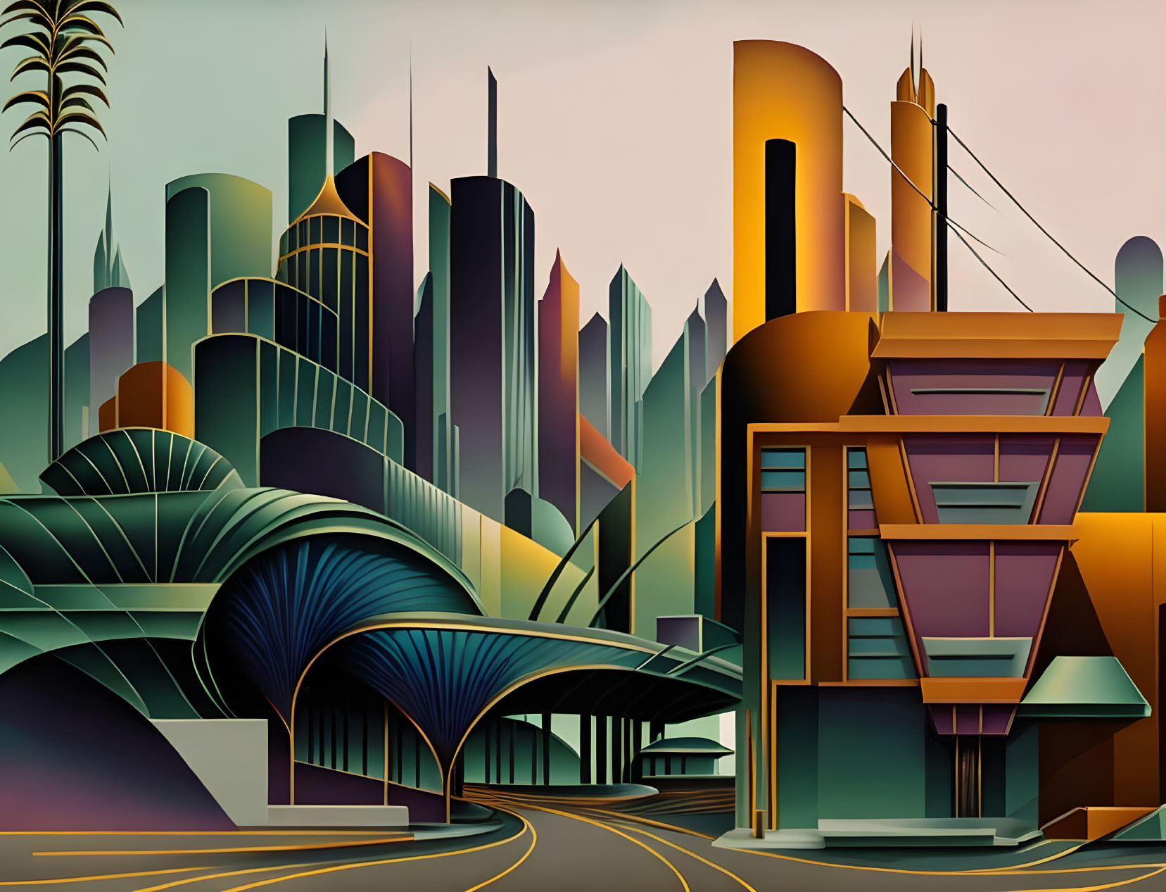 Geometric Art Deco Cityscape Illustration in Vibrant Colors