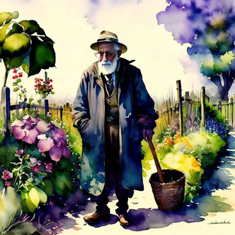 Elderly man with beard and hat in colorful garden with flowers