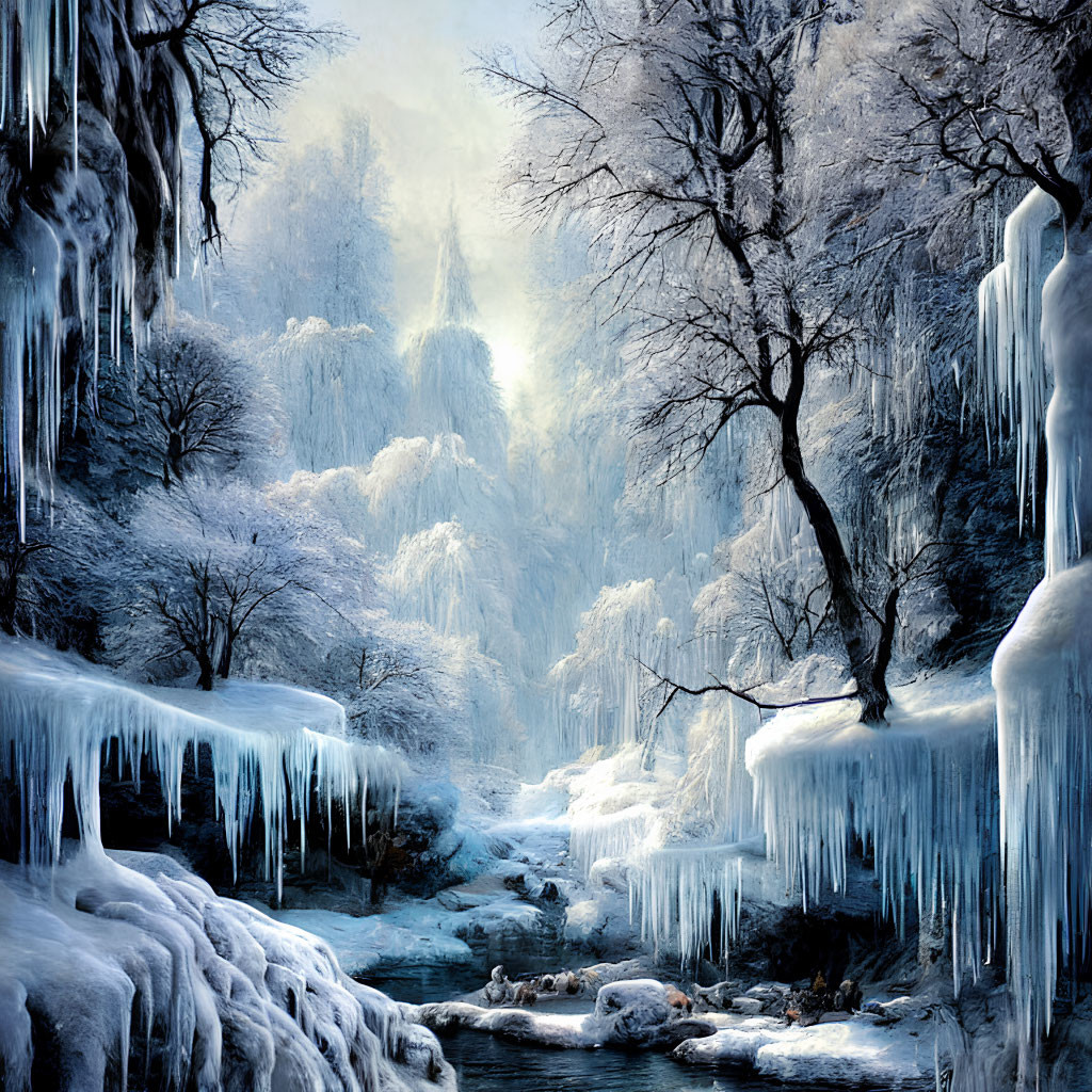Snow-covered forest with stream, icicles, and soft sun glow