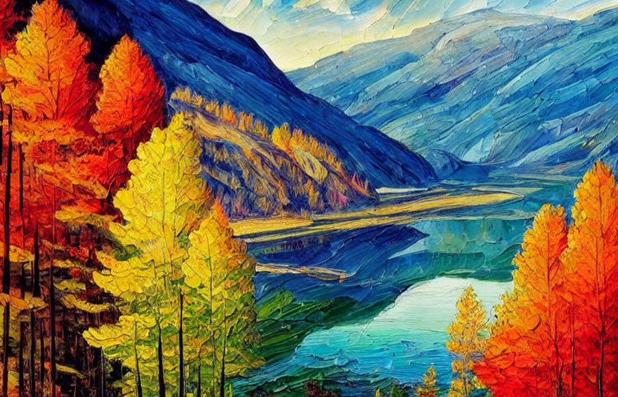 Scenic autumn landscape: vibrant trees, golden-orange leaves, blue lake, and distant mountains