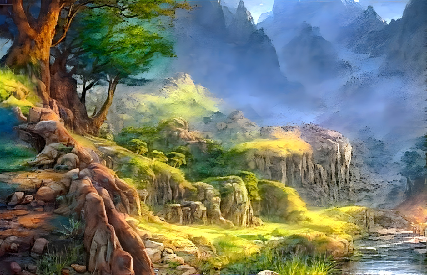"Rocky Outcrops and Misty Scene" - by Unreal.