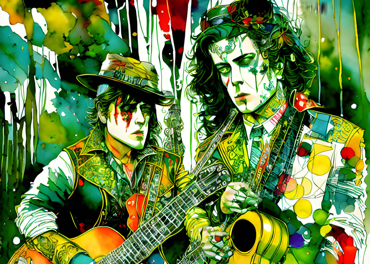 Illustrated figures playing guitars with vibrant watercolor splashes