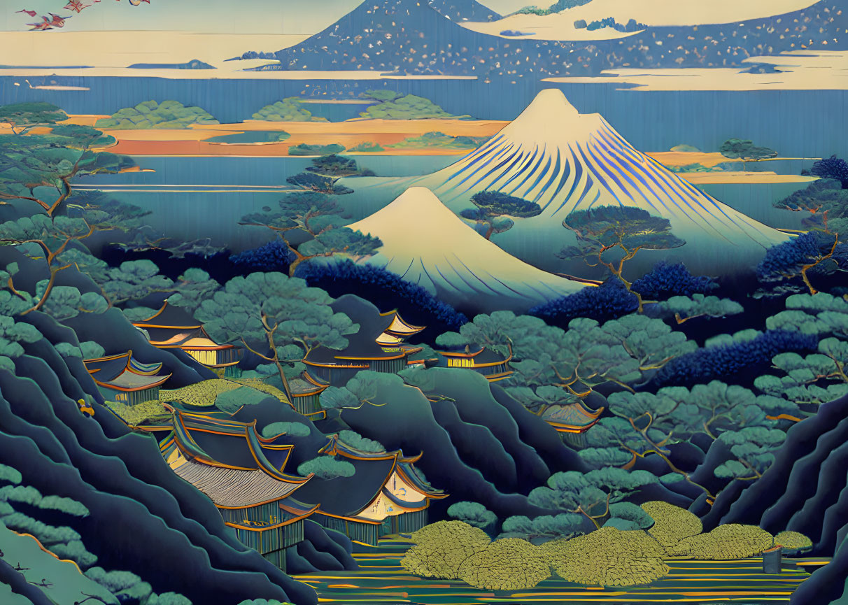 Japanese landscape art: Mount Fuji, serene water, pine forests, temple roofs, rolling hills