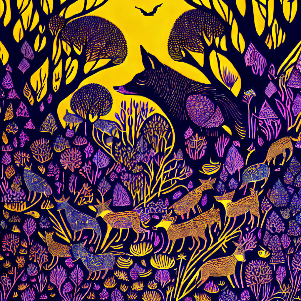 Colorful forest wildlife illustration with wolf, birds, and deer in vibrant hues
