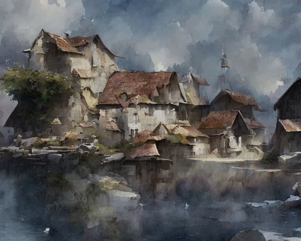 Tranquil village watercolor painting: rustic houses by misty riverside