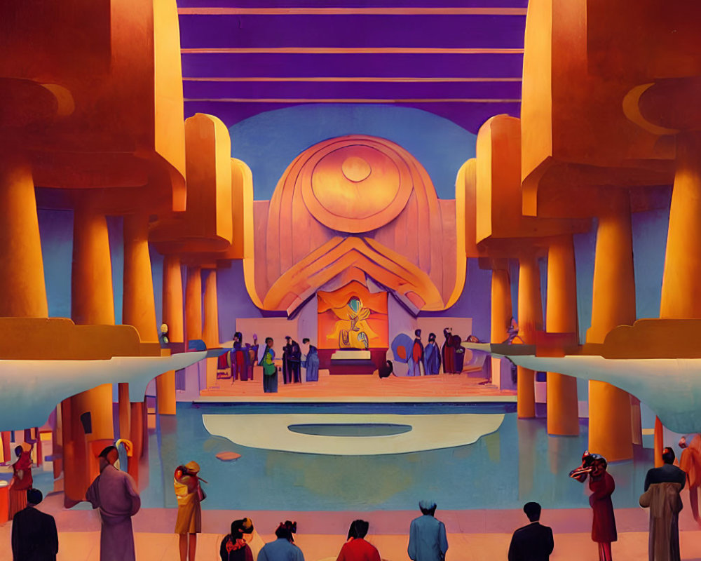 Colorful Illustration of People in Futuristic Hall