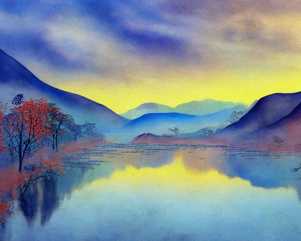 Colorful Watercolor Landscape: Orange Foliage, Twilight Sky, Serene Lake