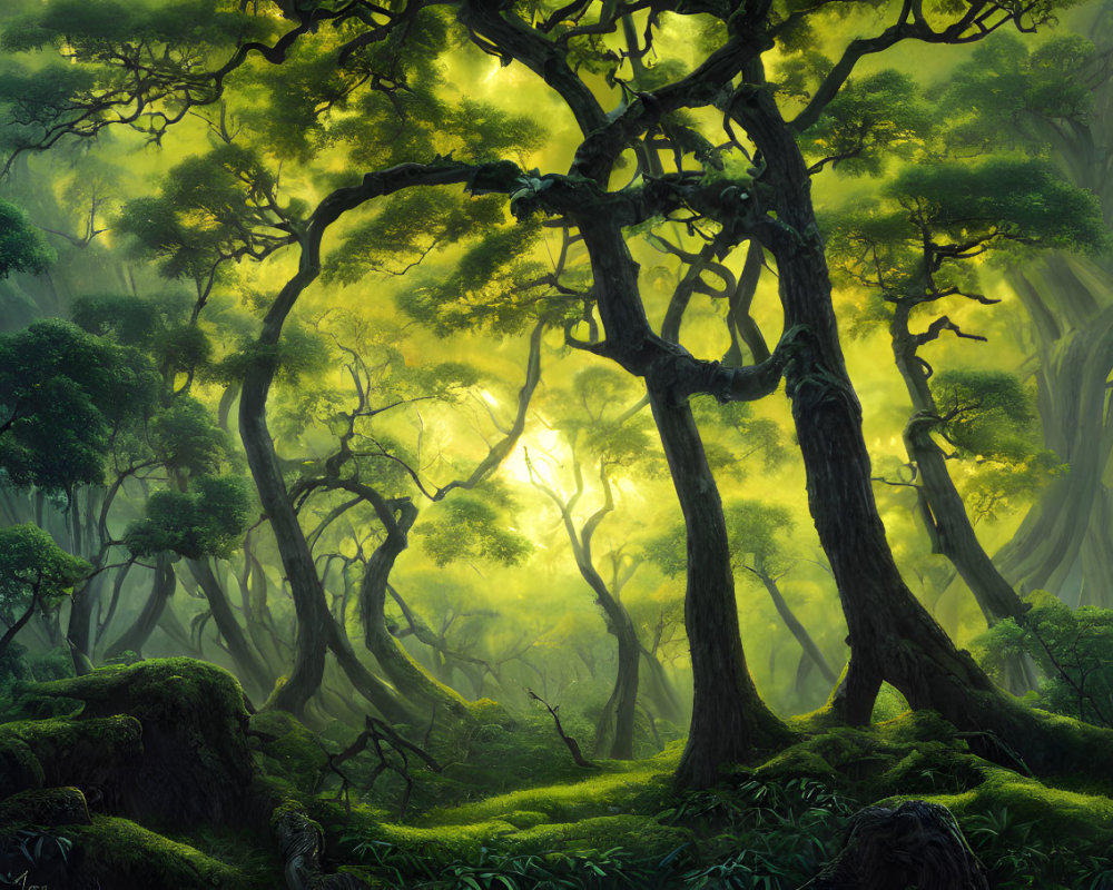 Lush green forest with twisted trees and sunbeams filtering through canopy