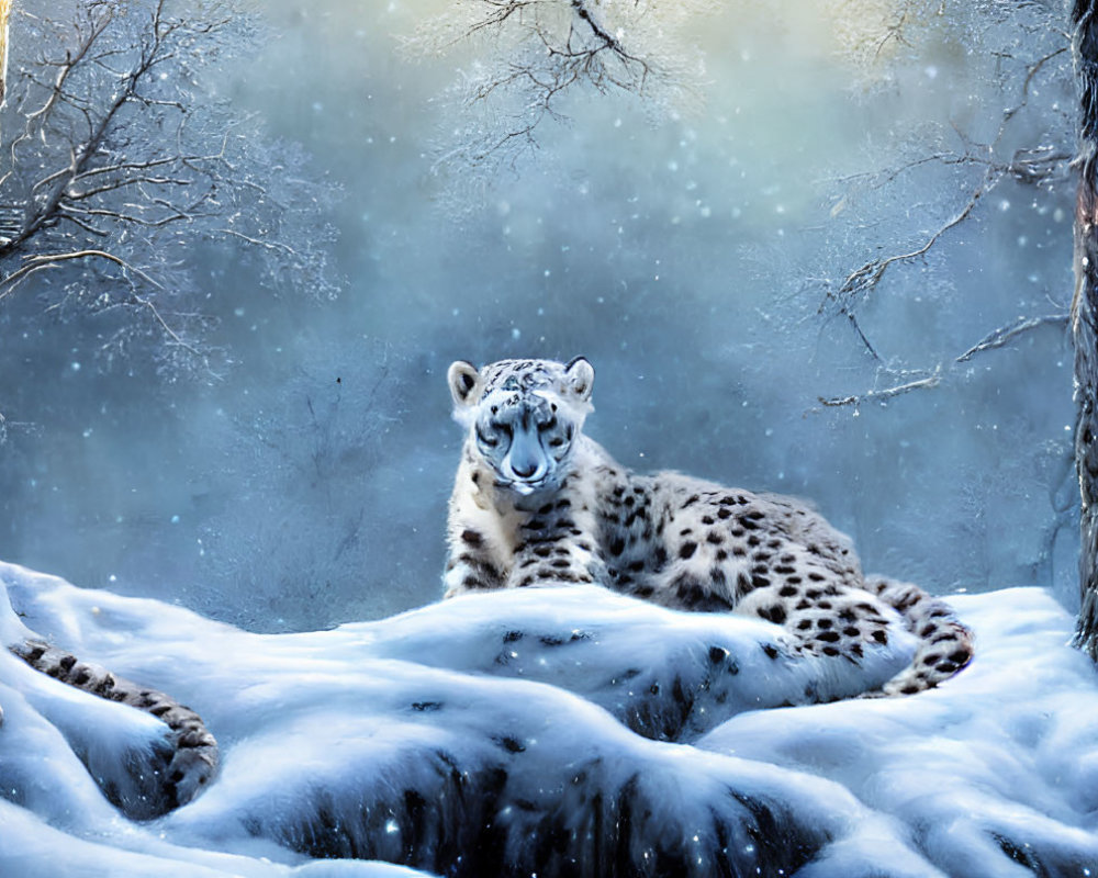 Snow leopard resting in snowy forest with falling snow, serene wintry scene