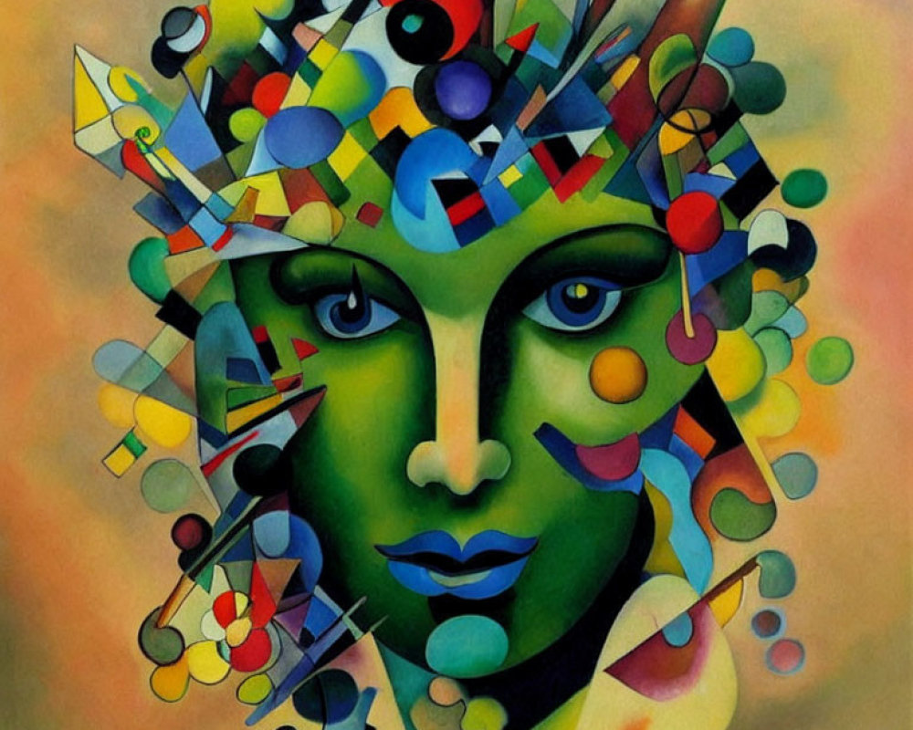 Abstract portrait with geometric shapes and vibrant hues of a stylized face.