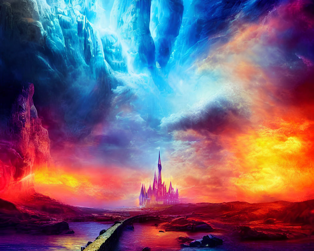 Fantastical landscape with castle, ice and fire elements under vivid sky