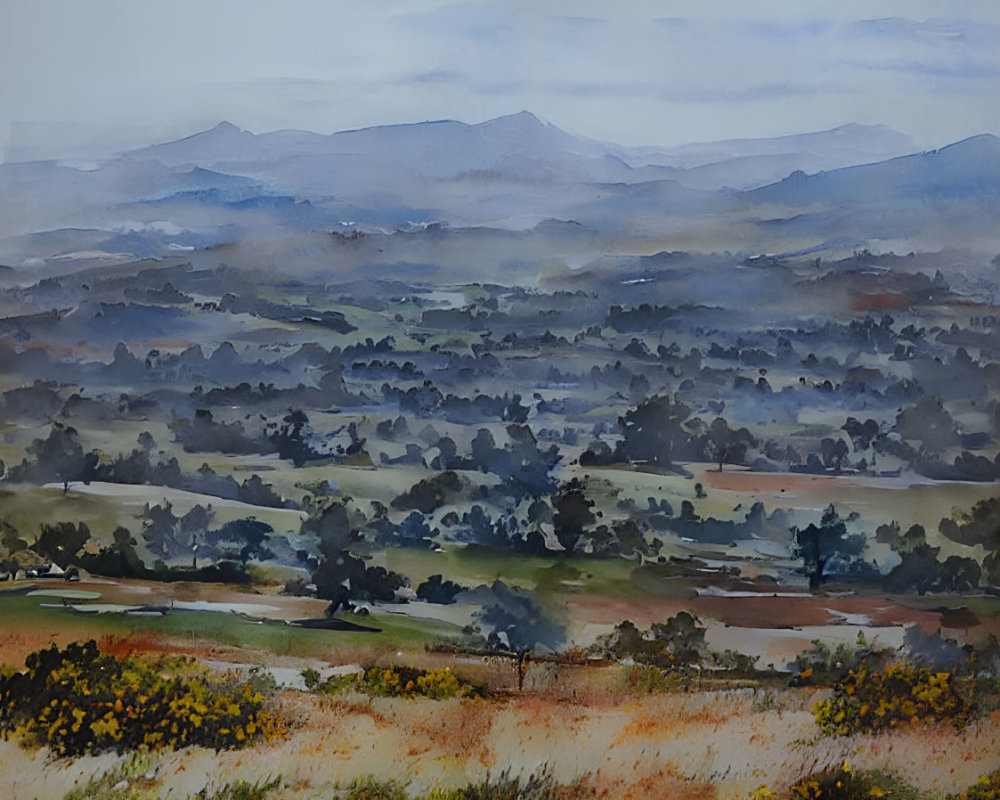 Layered Hills Watercolor Painting with Misty Sky and Wildflowers