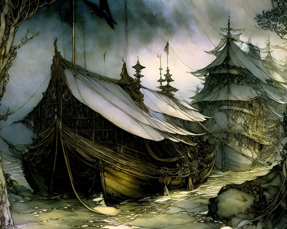 Eerie illustrated scene: Beached ship, twisted trees, ancient structures