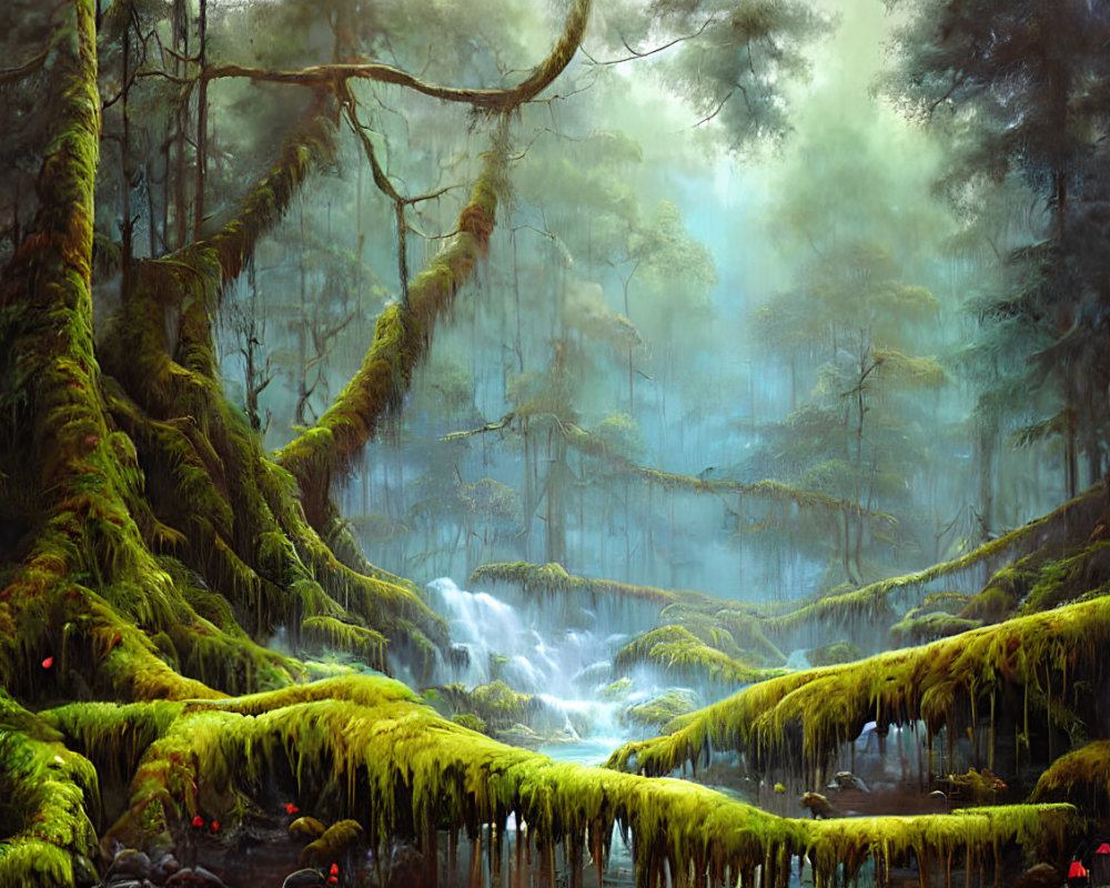 Lush forest scene with moss-covered trees and serene waterfall
