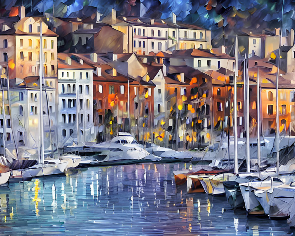 Colorful impressionistic painting of marina with boats, illuminated buildings, and reflective water.