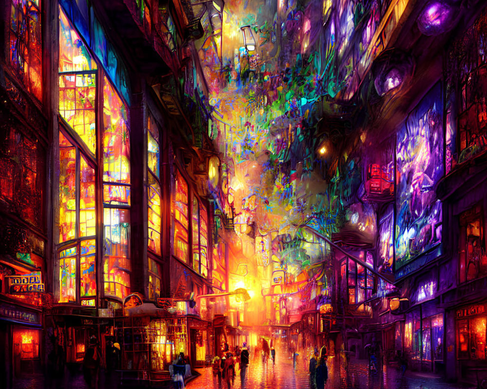 Colorful neon-lit alley with bustling crowd and vibrant shopfronts